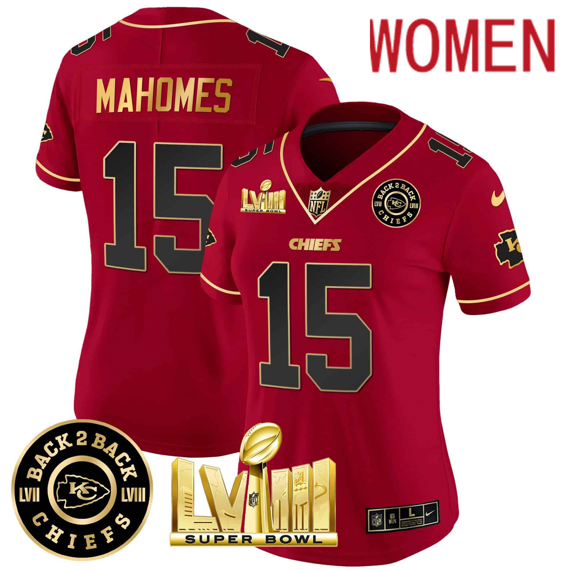 Women Kansas City Chiefs 15 Mahomes Red 2024 Nike Super Bowl LVIII & Back 2 Back Patch Vapor NFL Jersey style 2